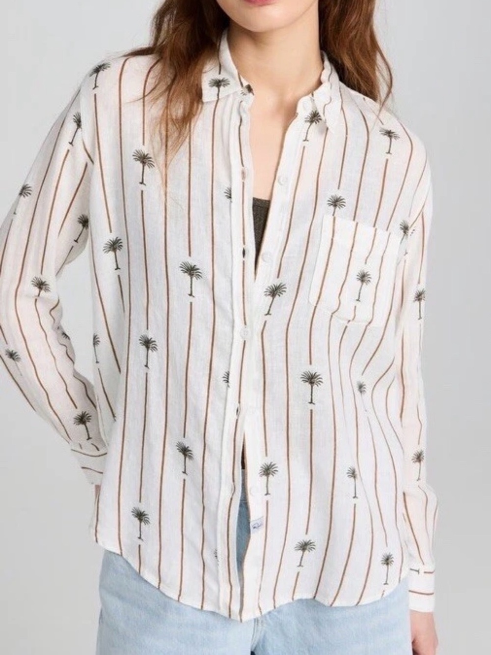 Rails Charli Linen-Ecovero Rayon White Striped Palm-Print Button-Up Shirt Size M